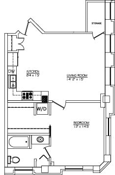 Floor plan for 1 bed, 1 bath, 852 sqft